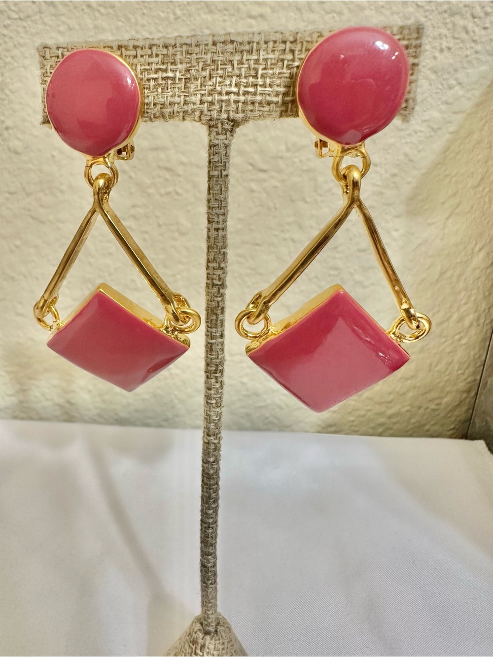 Vintage Gold Plated Pink Enamel Drop Earrings